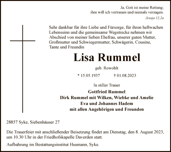 Todesanzeige von Lisa Rummel von SYK