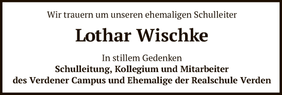 Todesanzeige von Lothar Wischke von SYK