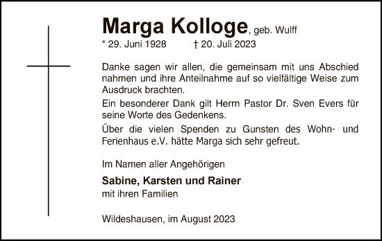 Todesanzeige von Marga Kolloge von SYKSYK