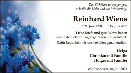 Todesanzeige von Reinhard Wiens von SYK