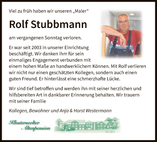 Todesanzeige von Rolf Stubbmann von SYK