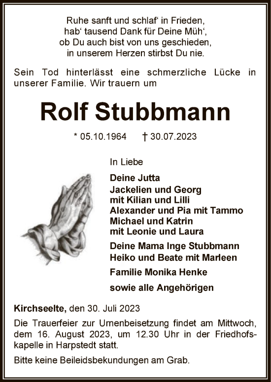 Todesanzeige von Rolf Stubbmann von SYK
