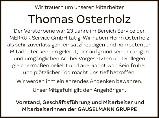 Todesanzeige von Thomas Osterholz von SYK