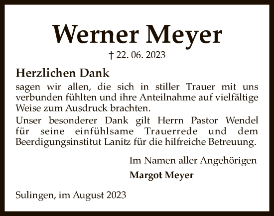 Todesanzeige von Werner Meyer von SYK