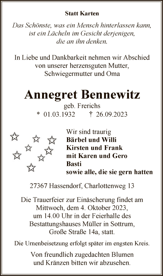 Todesanzeige von Annegret Bennewitz von SYK