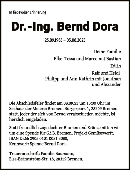 Todesanzeige von Bernd Dora von SYK