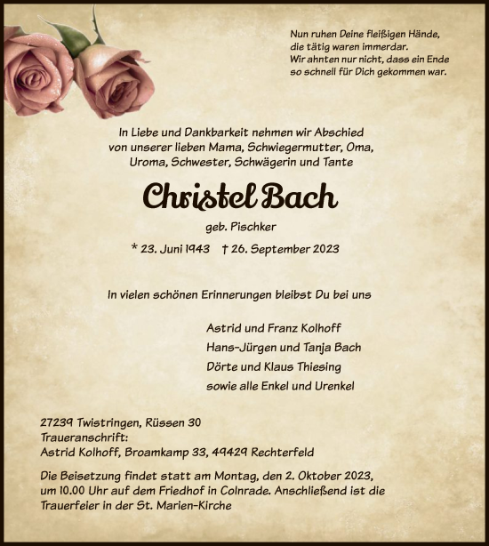 Todesanzeige von Christel Bach von SYK