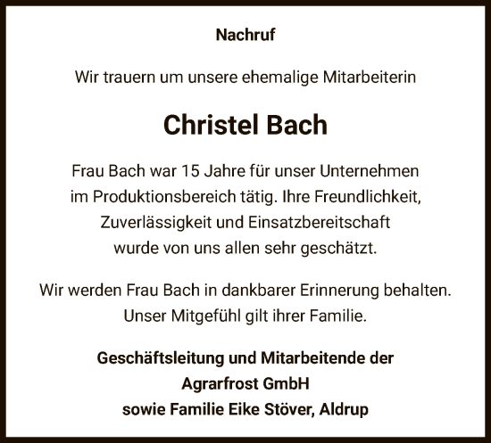 Todesanzeige von Christel Bach von SYK