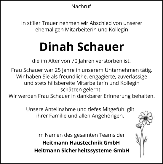 Todesanzeige von Dinah Schauer von SYK