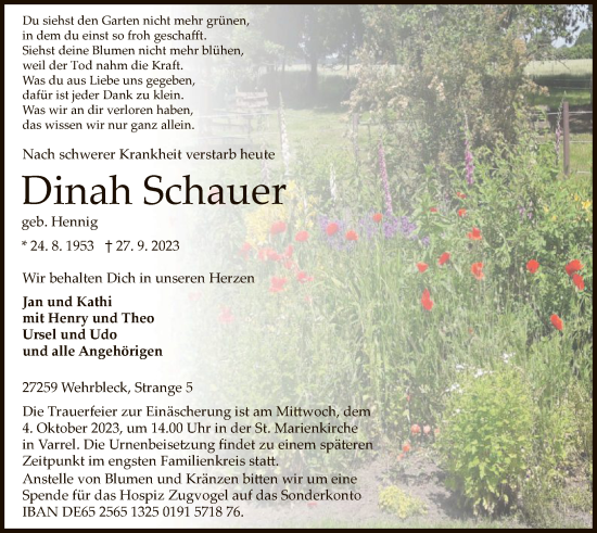 Todesanzeige von Dinah Schauer von SYK