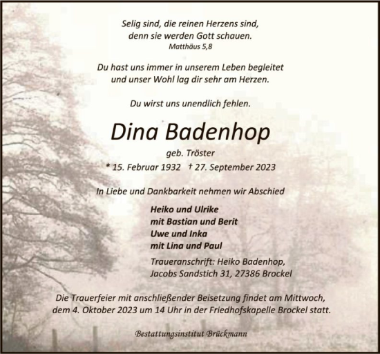 Todesanzeige von Dino Badenhop von SYK