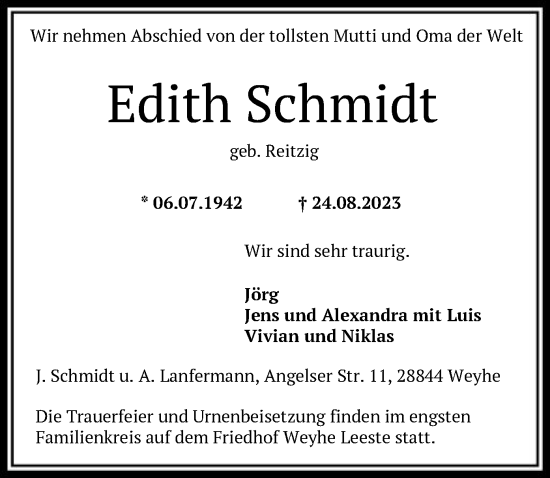 Todesanzeige von Edith Schmidt von SYK