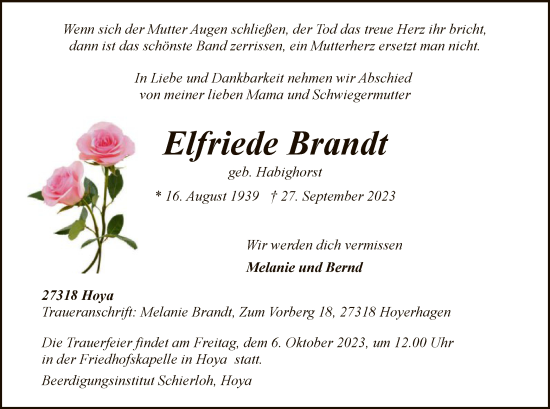 Todesanzeige von Elfriede Brandt von SYK