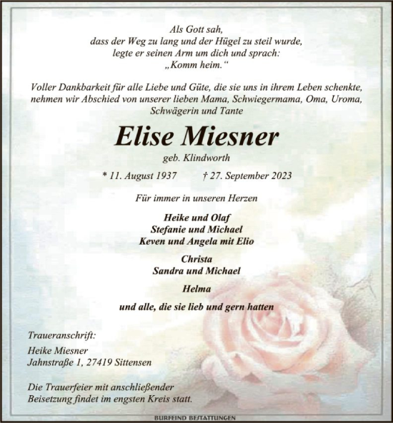 Todesanzeige von Elise Miesner von SYK