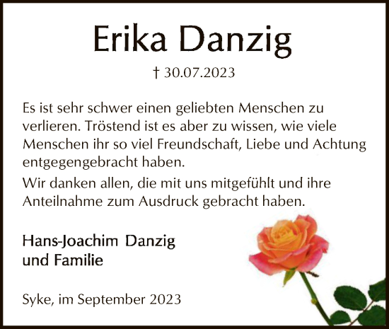 Todesanzeige von Erika Danzig von SYK