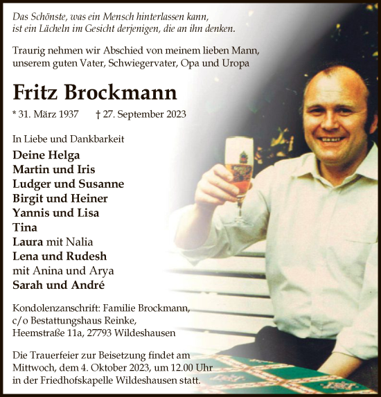 Todesanzeige von Fritz Brockmann von SYK