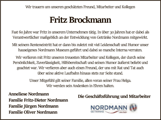 Todesanzeige von Fritz Brockmann von SYK