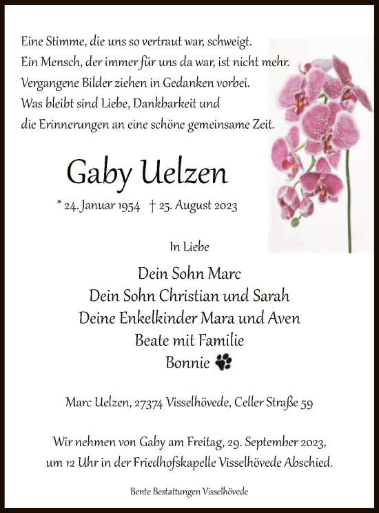 Todesanzeige von Gaby Uelzen von SYK