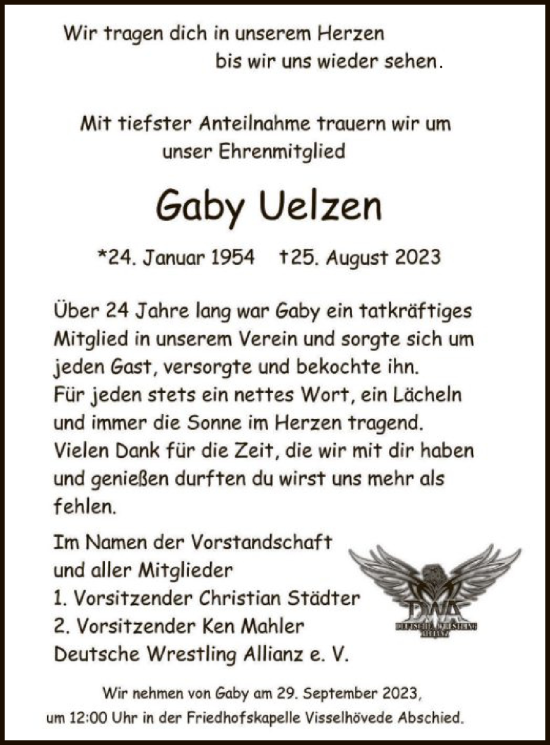 Todesanzeige von Gaby Uelzen von SYK