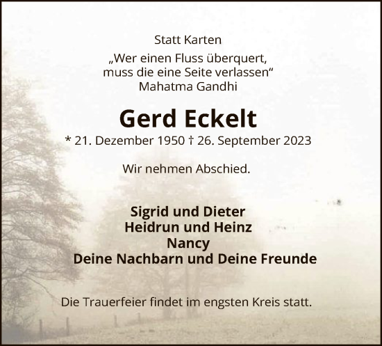 Todesanzeige von Gerd Eckelt von SYK