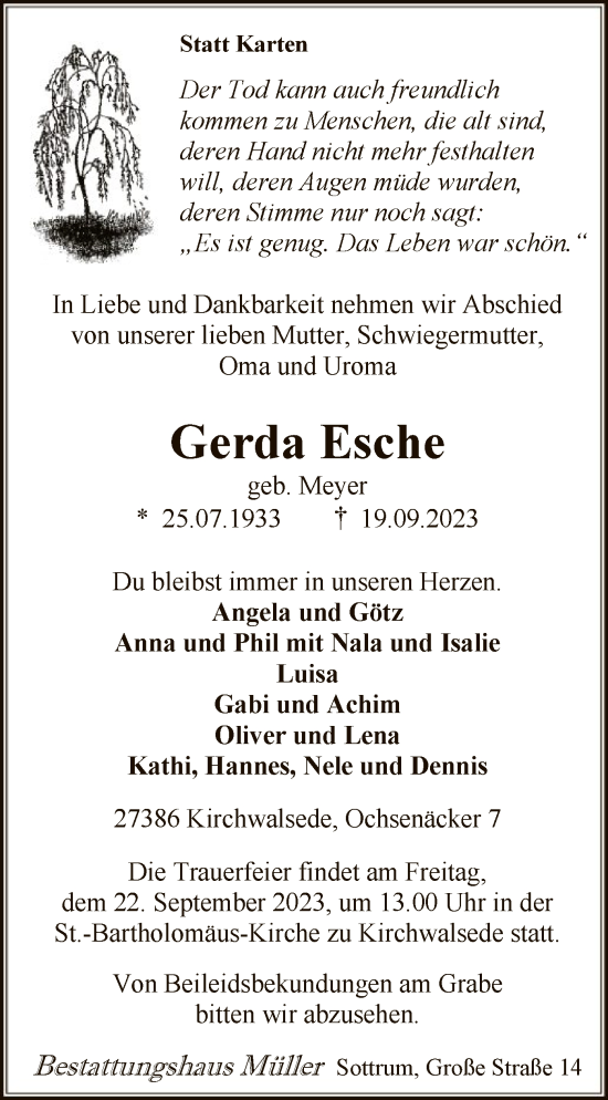 Todesanzeige von Gerda Esche von SYK