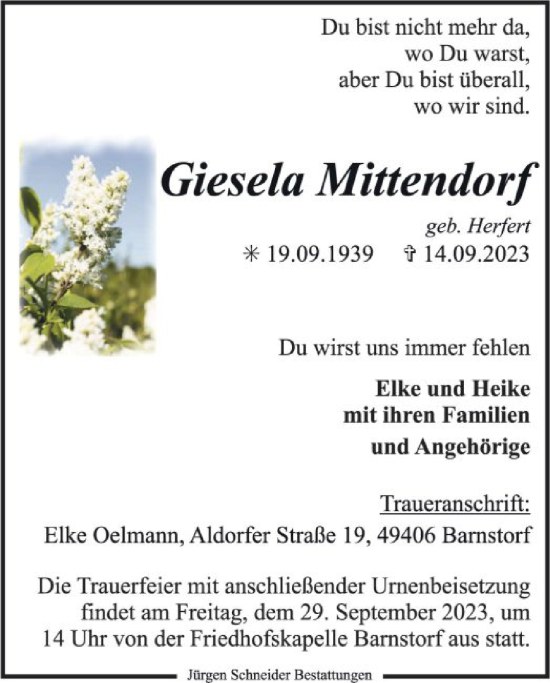 Todesanzeige von Giesela Mittendorf von SYK