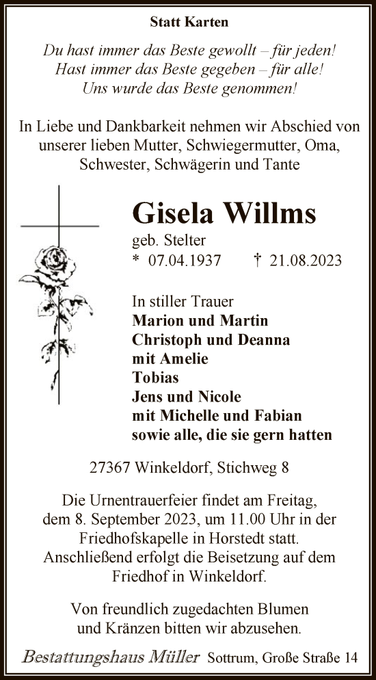 Todesanzeige von Gisela Willms von SYKSYK