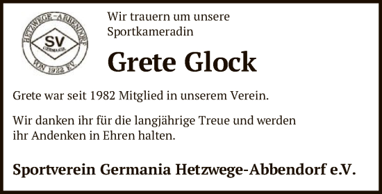 Todesanzeige von Grete Glock von SYK