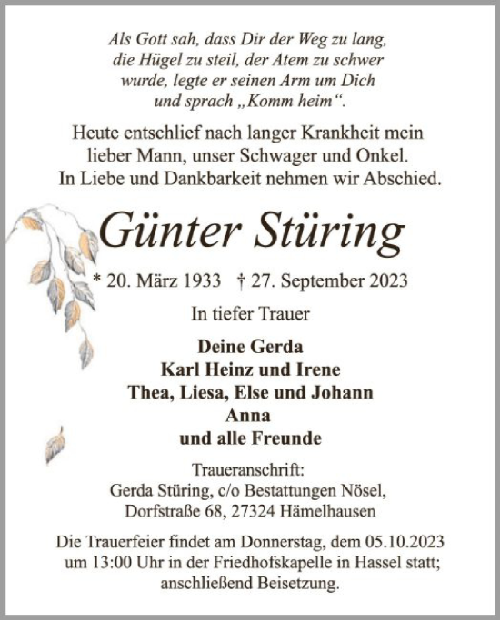 Todesanzeige von Günter Stüring von SYK