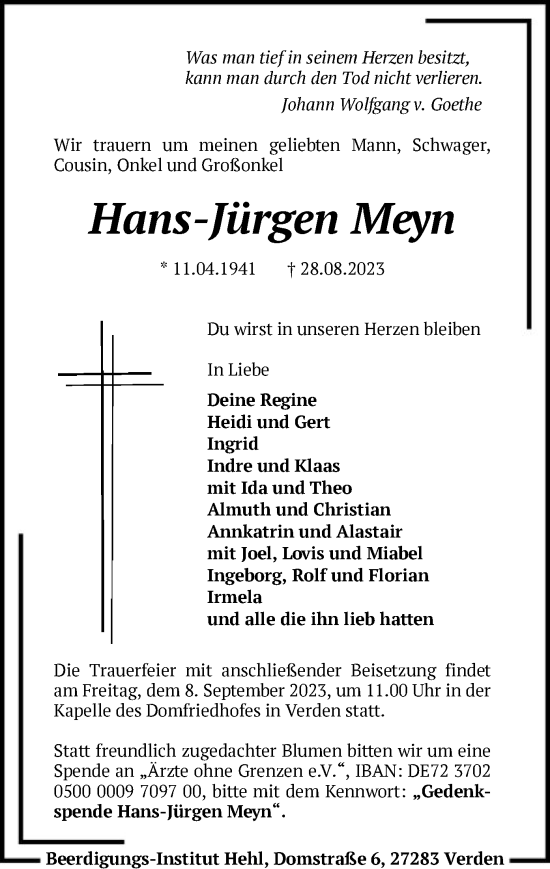 Todesanzeige von Hans-Jürgen Meyn von SYK