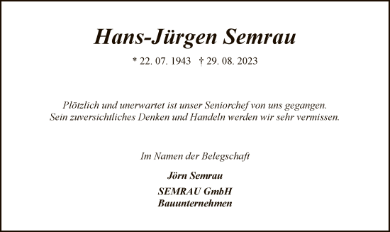 Todesanzeige von Hans-Jürgen Semrau von SYK