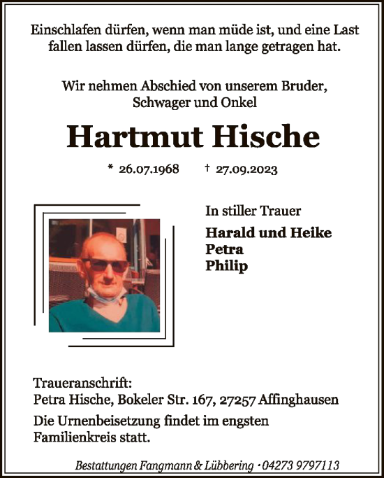 Todesanzeige von Hartmut Hische von SYK