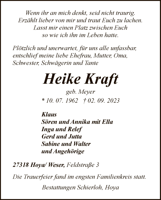 Todesanzeige von Heike Kraft von SYK
