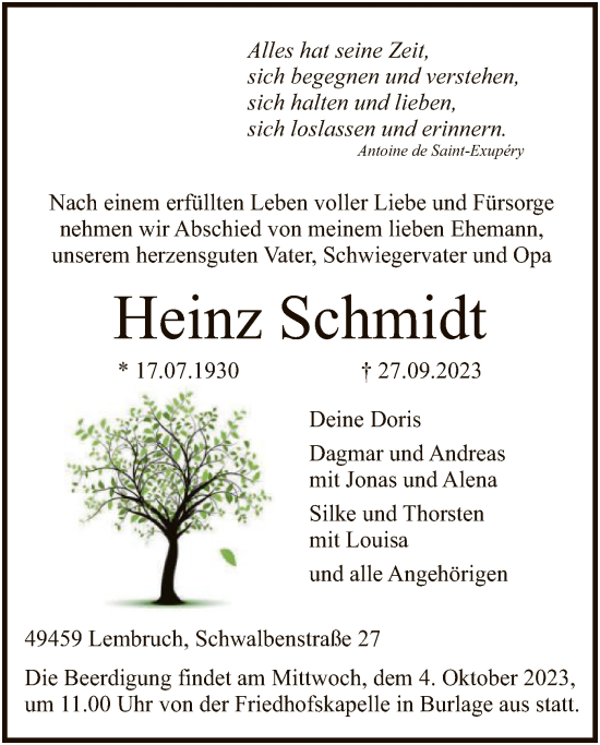 Todesanzeige von Heinz Schmidt von SYK