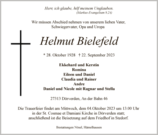 Todesanzeige von Helmut Bielefeld von SYK