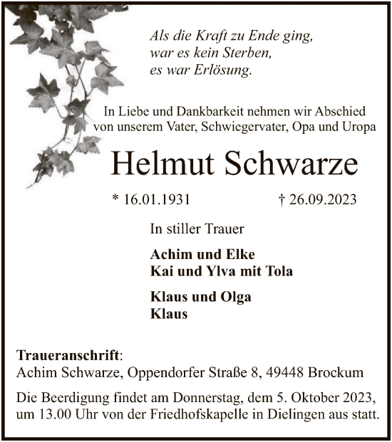 Todesanzeige von Helmut Schwarze von SYK