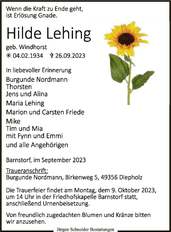 Todesanzeige von Hilde Lehing von SYK