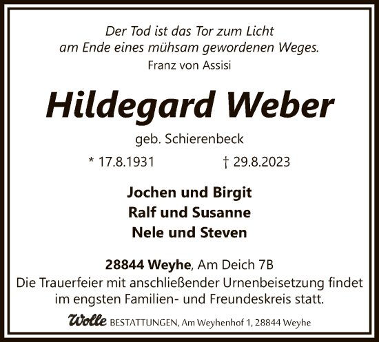 Todesanzeige von Hildegard Weber von SYK