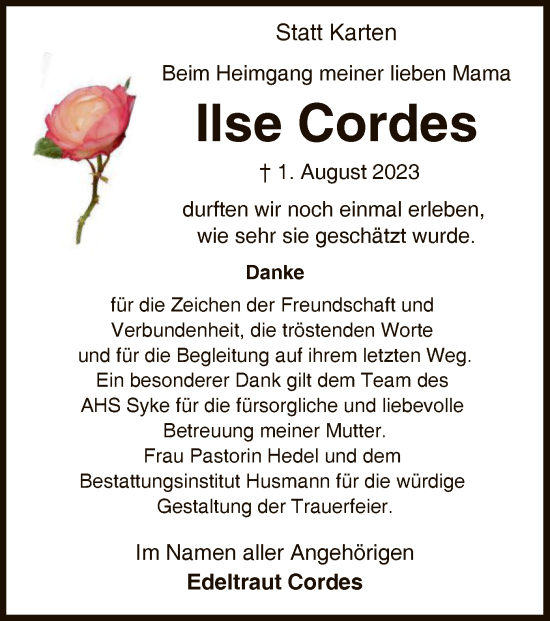 Todesanzeige von Ilse Cordes von SYK