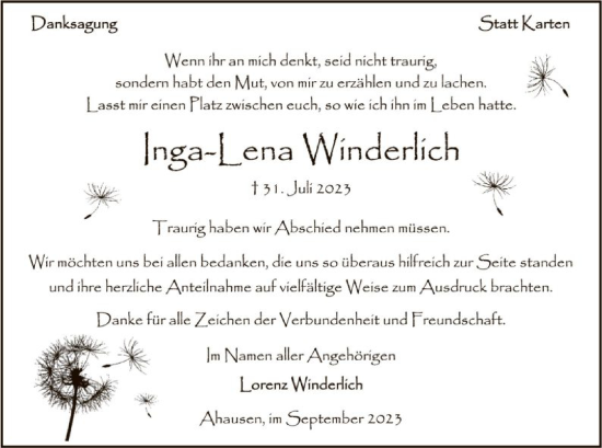 Todesanzeige von Inga-Lena Winderlich von SYKSYK