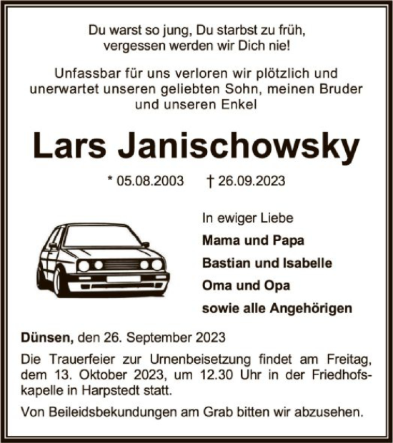 Todesanzeige von Lars Janischowsky von SYK