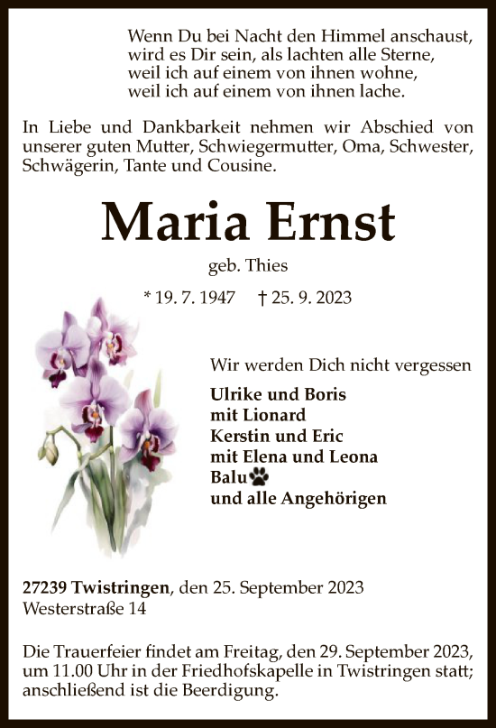 Todesanzeige von Maria Ernst von SYK