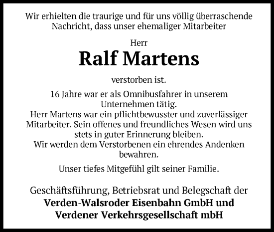 Todesanzeige von Ralf Martens von SYK