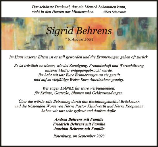 Todesanzeige von Sigrid Behrens von SYK