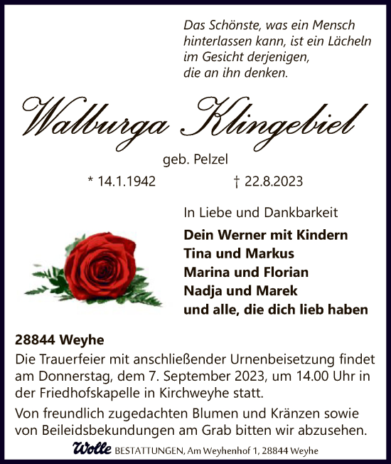 Todesanzeige von Walburga Klingebiel von SYK