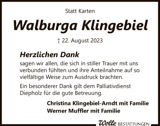 Todesanzeige von Walburga Klingebiel von SYK