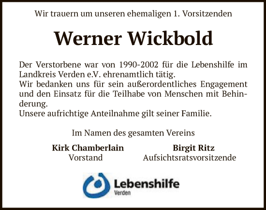 Todesanzeige von Werner Wickbold von SYK
