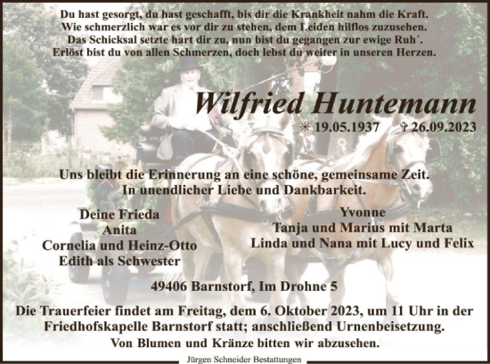 Todesanzeige von Wilfried Huntemann von SYK