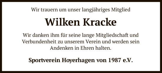 Todesanzeige von Wilken Kracke von SYK