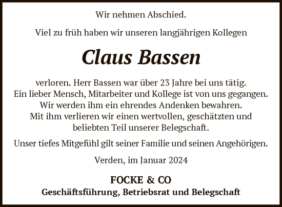 Todesanzeige von Claus Bassen von SYK